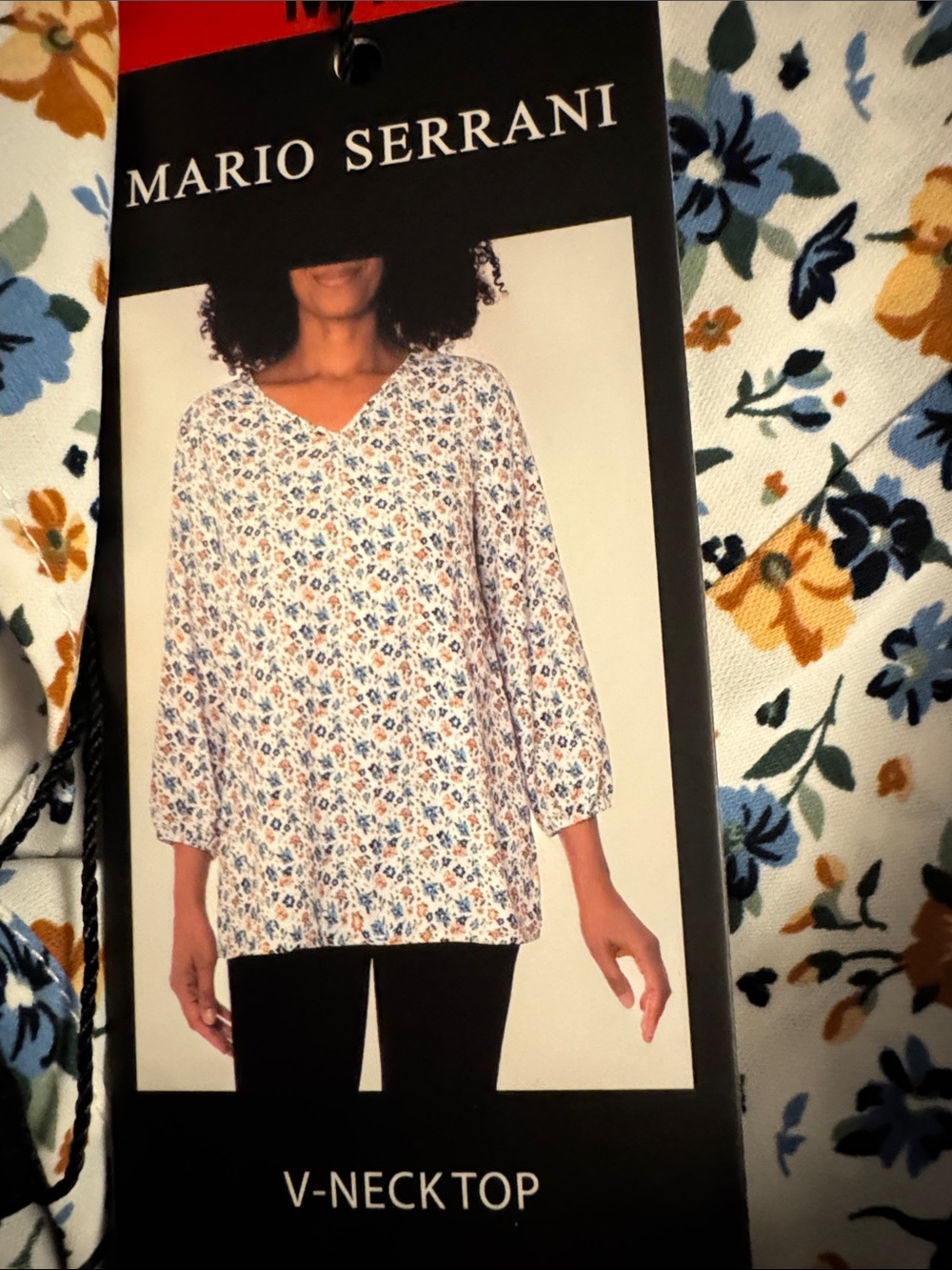 Mario Serrani White Floral V-Neck Blouse with Blue and Mustard Flowers